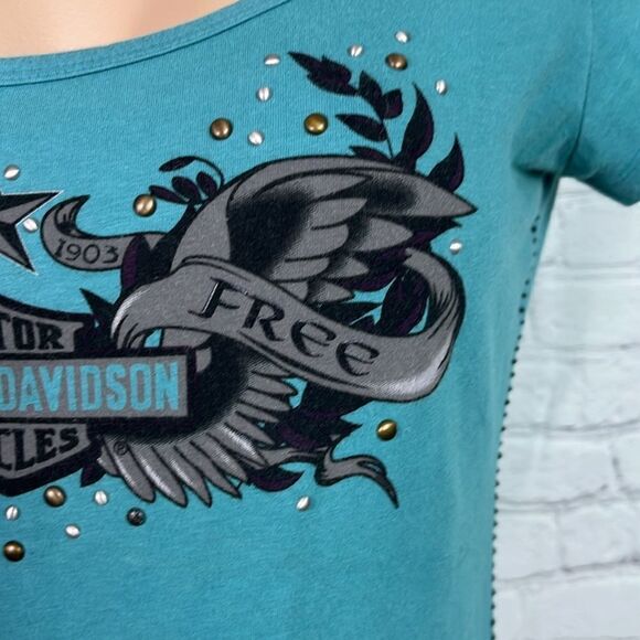Harley-Davidson Teal Short Sleeve Scoop Neck Grommet Graphic Tee Size Medium - Picture 3 of 6